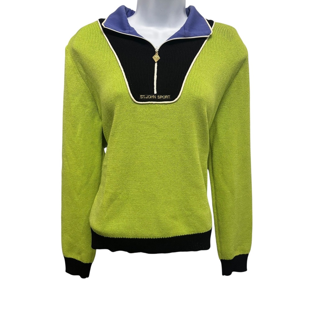 St John Sport Womens Lime Green Quarter Zip Knit Sweater Colorblock Black Purple - Picture 2 of 14